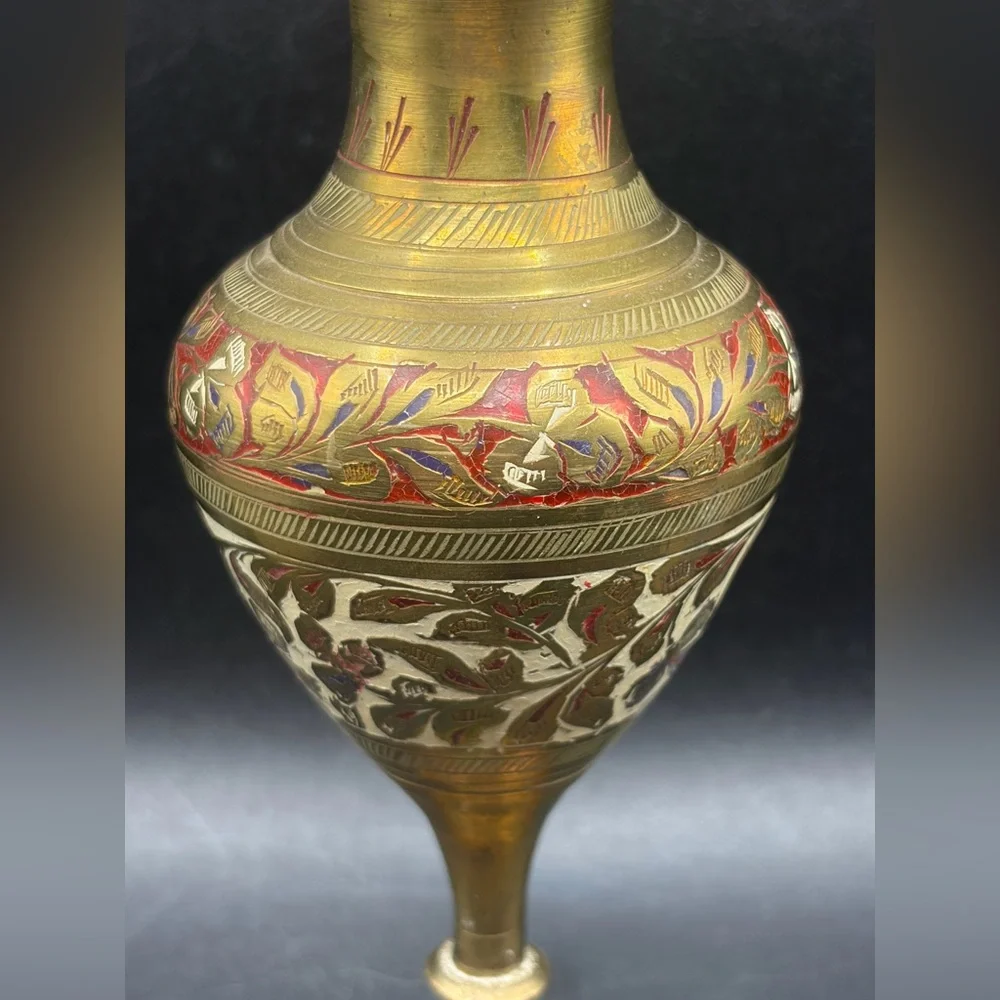 Vintage Etched Enamel Brass Ruffle Rim Bud Vase Table Vase Boho Eclectic Decor - Picture 5 of 14